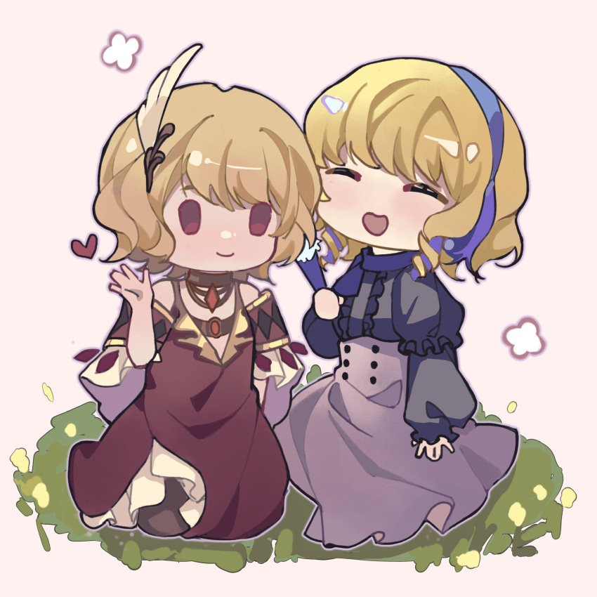 2girls, blonde_hair, chibi, citrinne_(fire_emblem), constance_von_nuvelle, dress, feather_hair_ornament, feathers