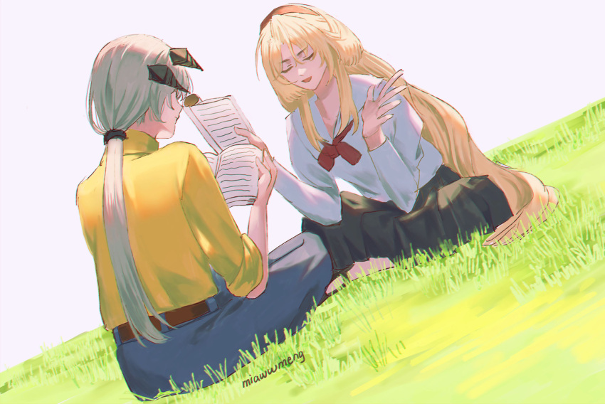 2girls, animal_ears, arknights, black_pants, black_skirt, blonde_hair, blue_pants, book, closed_eyes, dog_ears, dog_girl, dog_tail, dutch_angle, floppy_ears, grass, hairband, highres, holding, holding_book, kristen_(arknights), laurene_(miawwmeng), long_hair, multiple_girls, neckerchief, open_book, open_mouth, pants, ponytail, reading, red_hairband, red_neckerchief, saria_(arknights), shirt, sitting, skirt, tail, very_long_hair, white_shirt, yellow_shirt