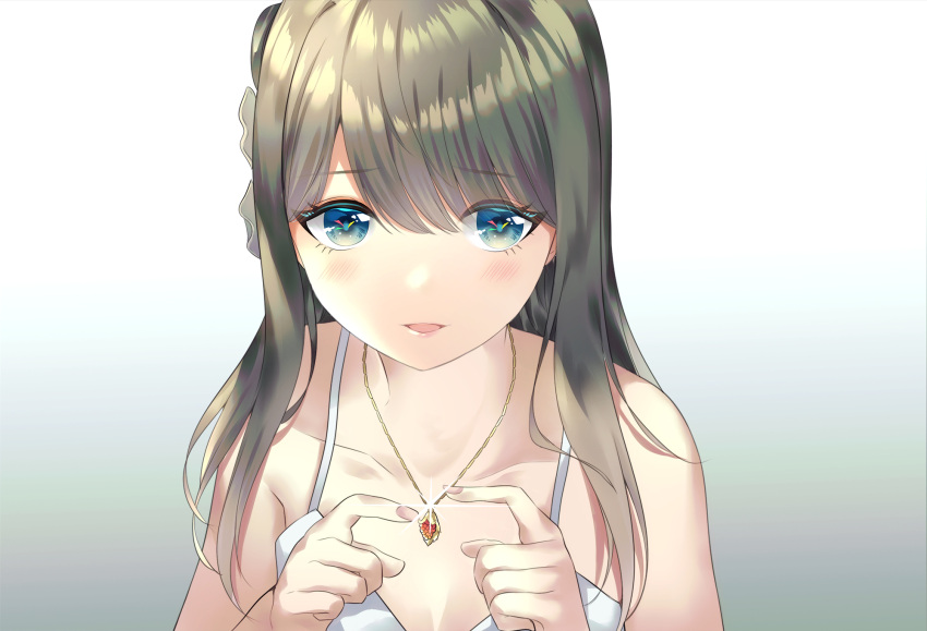 1girl, :d, bare_shoulders, blue_eyes, brown_hair, collarbone, dress, grey_background, highres, jewelry, long_hair, looking_at_viewer, n0va_desktop, necklace, open_mouth, rhea_(0u0), sleeveless, sleeveless_dress, smile, solo, sundress, tareme, white_dress, yoyo_lumi