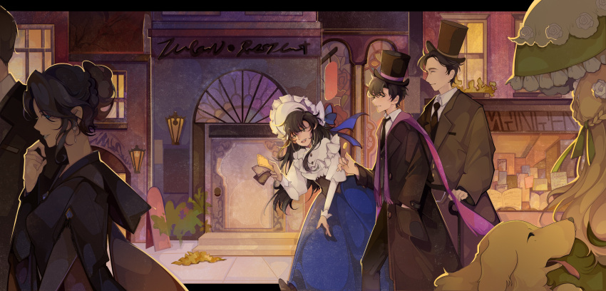 3boys, 3girls, absurdres, audrey_hall, benson_moretti, black_coat, black_hair, black_headwear