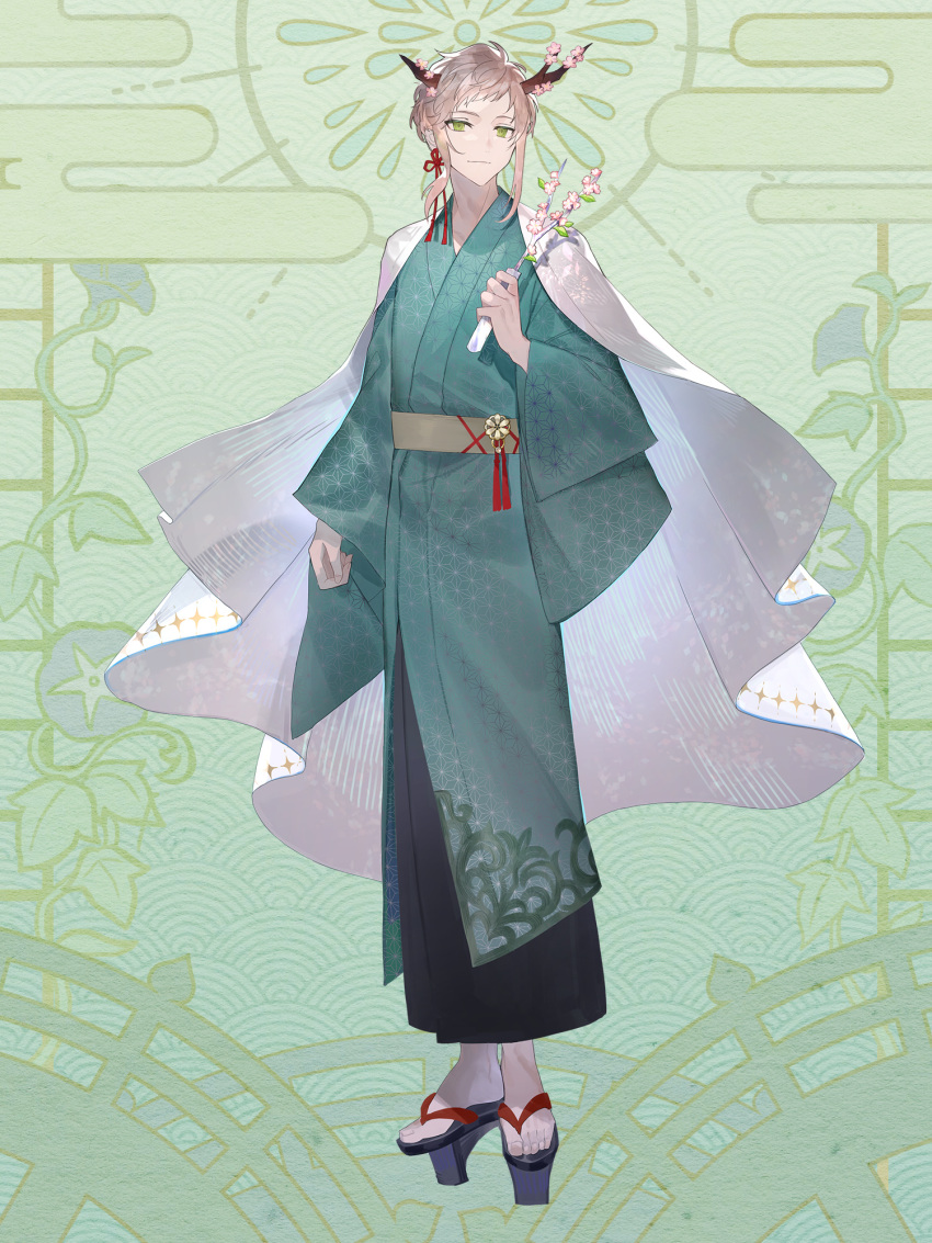 1boy, ame_tyaya, antlers, asa_no_ha_(pattern), black_footwear, branch, brown_hair, brown_sash