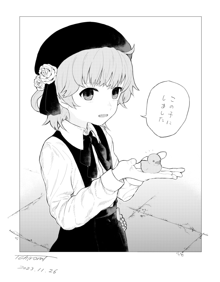 1girl, absurdres, beret, collared_shirt, commentary_request, cowboy_shot, dated, dress_shirt