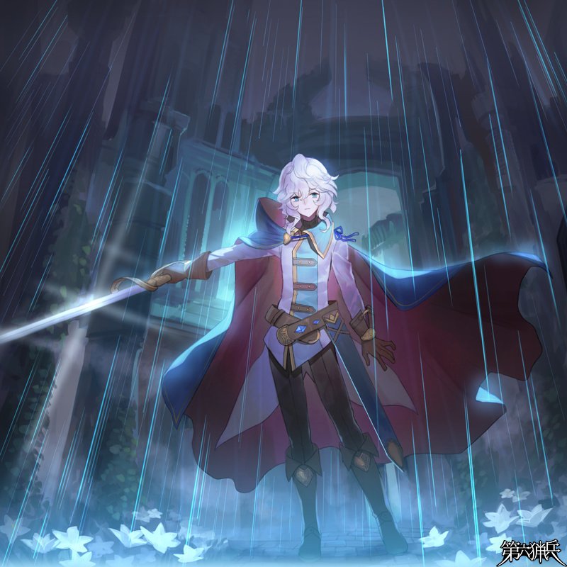 1boy, ame_tyaya, aqua_jacket, arm_at_side, belt, black_pants, blue_cape, brown_belt