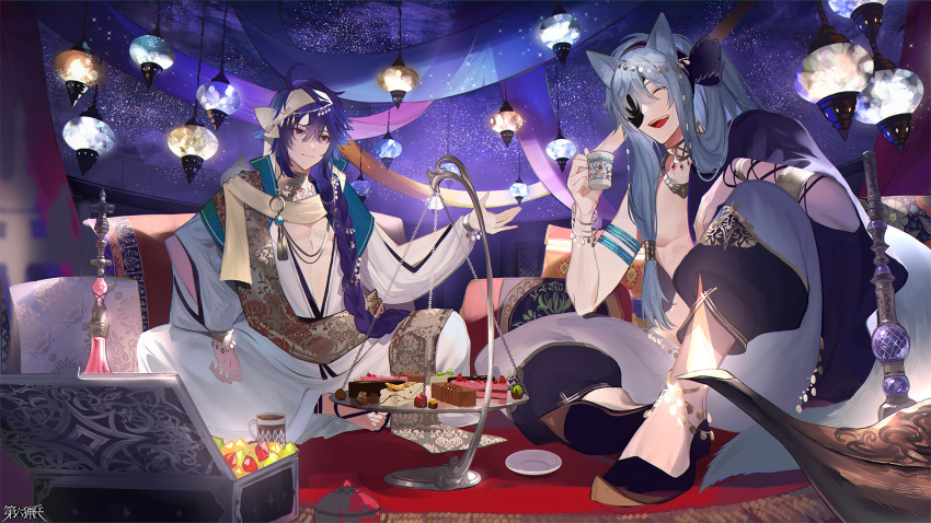 2boys, :d, ^_^, ame_tyaya, animal_ears, arabian_clothes, armlet, asymmetrical_hair, black_cape, black_footwear, blue_hair, bracelet, braid, brown_sash, cake, cake_slice, cape, chocolate, chocolate_cake, closed_eyes, closed_mouth, clothing_cutout, collar, cup, cushion, dairoku_ryouhei, eyepatch, fire, flats, food, fox_boy, fox_ears, fox_tail, fruit, full_body, gem, gold_collar, hair_between_eyes, hair_over_shoulder, hair_tubes, hanging_light, headband, highres, holding, holding_cup, hookah, indian_style, indoors, jar, jewelry, kakei_seishiro, knee_up, lantern, long_hair, long_sleeves, looking_at_another, low-tied_sidelocks, multiple_boys, necklace, oil_lamp, on_floor, orange_(fruit), orange_slice, outstretched_arm, pants, plunging_neckline, pointy_footwear, purple_hair, red_eyes, robe, rug, sandals, scarf, shuuya_arashiware, side_cape, side_ponytail, sidelocks_tied_back, single_braid, sitting, smile, strawberry, tail, tent, topless_male, tray, treasure_chest, white_pants, white_robe, yellow_scarf