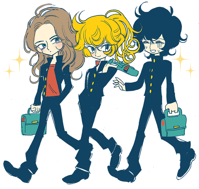 1girl, 2boys, alternate_costume, andre_grandier, bag, black_hair, black_jacket, black_pants