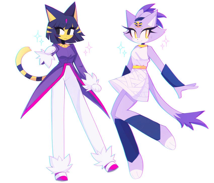 2girls, animal_crossing, animal_ears, ankha_(animal_crossing), ankha_(animal_crossing)_(cosplay), blaze_the_cat, blaze_the_cat_(cosplay), cat_ears, cat_girl, cat_tail, cosplay, costume_switch, dress, egyptian_clothes, eyelashes, forehead_jewel, fur-trimmed_footwear, fur-trimmed_gloves, fur_trim, furry, furry_female, gloves, gold_necklace, highres, jacket, jewelry, minxinq, multiple_girls, necklace, pants, pink_footwear, ponytail, purple_fur, purple_jacket, smile, sonic_(series), sparkle, tail, white_dress, white_gloves, white_pants, yellow_eyes, yellow_fur
