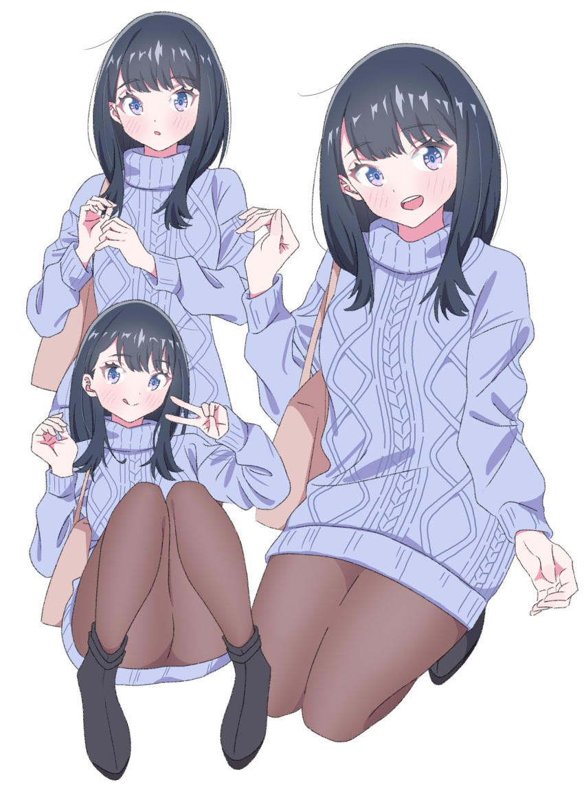 1girl, ass, bag, black_footwear, black_hair, blue_eyes, blue_sweater, blush