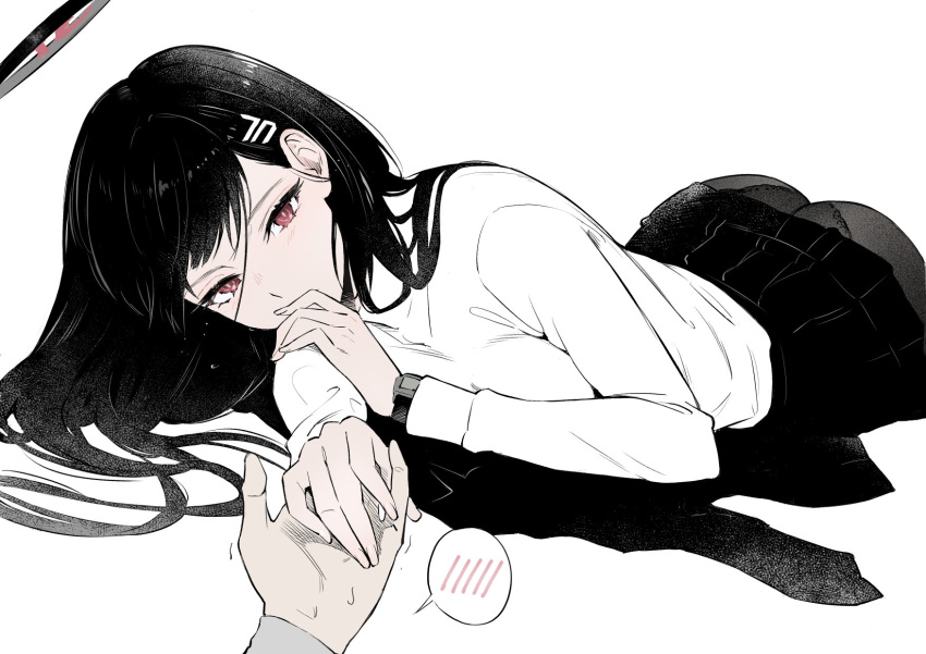 1girl, 1other, black_hair, black_halo, black_pantyhose, black_skirt, blue_archive, commentary_request