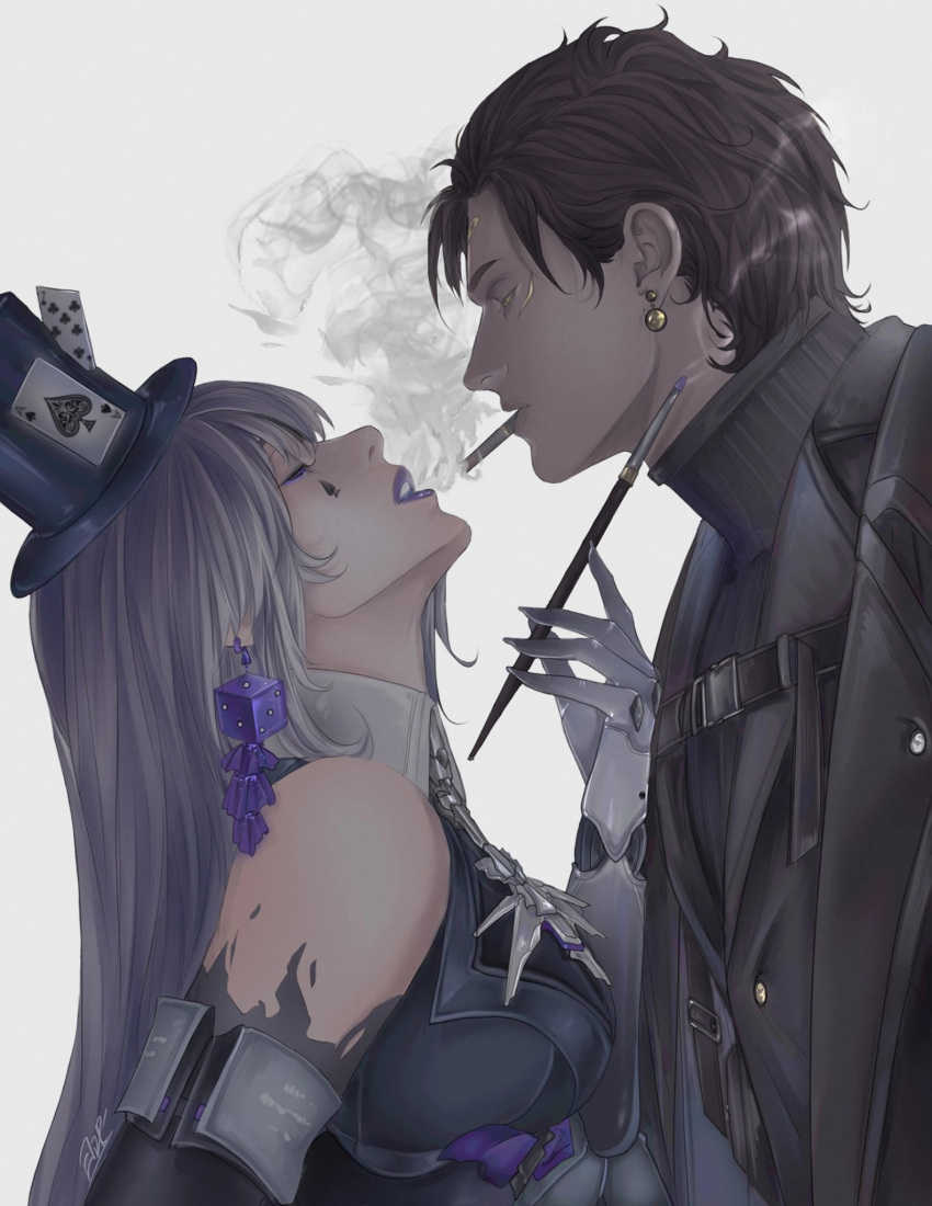 1boy, 1girl, black_gloves, black_hair, black_headwear, black_jacket, character_request, check_character