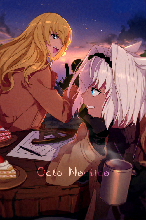 1boy, 1girl, alternate_costume, animal_ears, black_gloves, black_hairband, blonde_hair, blue_eyes, brown_jacket, brown_sweater, caenis_(fate), caenis_(octo_nautica)_(fate), cake, cake_slice, cup, dark-skinned_female, dark_skin, echo_(circa), elbow_rest, english_text, fate/grand_order, fate_(series), food, gloves, grin, hair_between_eyes, hair_intakes, hairband, head_rest, holding, holding_cup, horse_ears, jacket, jewelry, kirschtaria_wodime, light_blush, long_hair, long_sleeves, looking_at_another, mug, necklace, open_mouth, outdoors, plate, pointing, ribbed_sweater, short_hair, smile, star_chart, sun, sunset, sweater, table, teeth, telescope, turtleneck, turtleneck_sweater, upper_teeth_only, white_hair