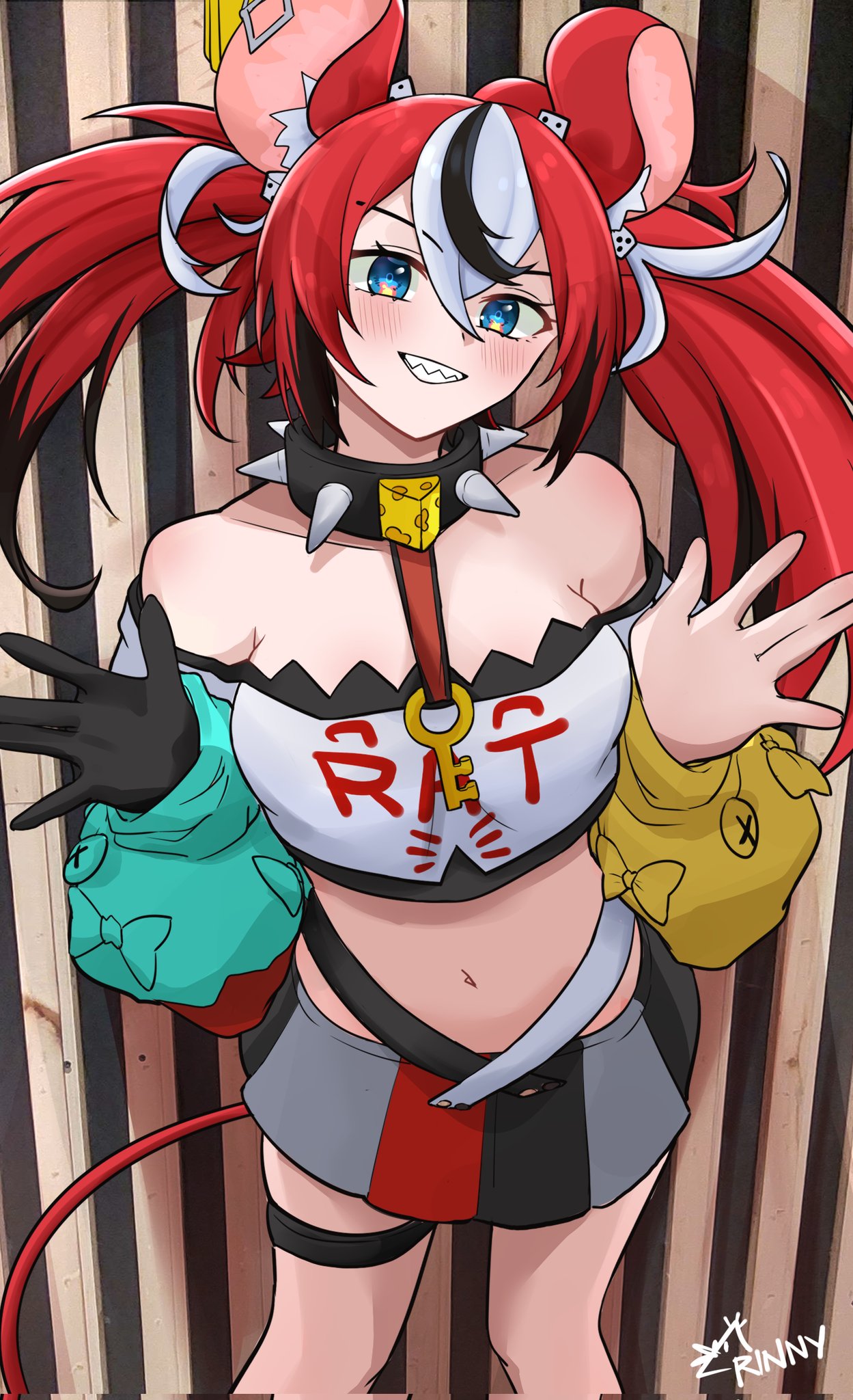 1girl, animal_ears, artist_name, black_collar, black_gloves, black_hair, black_skirt, blue_eyes