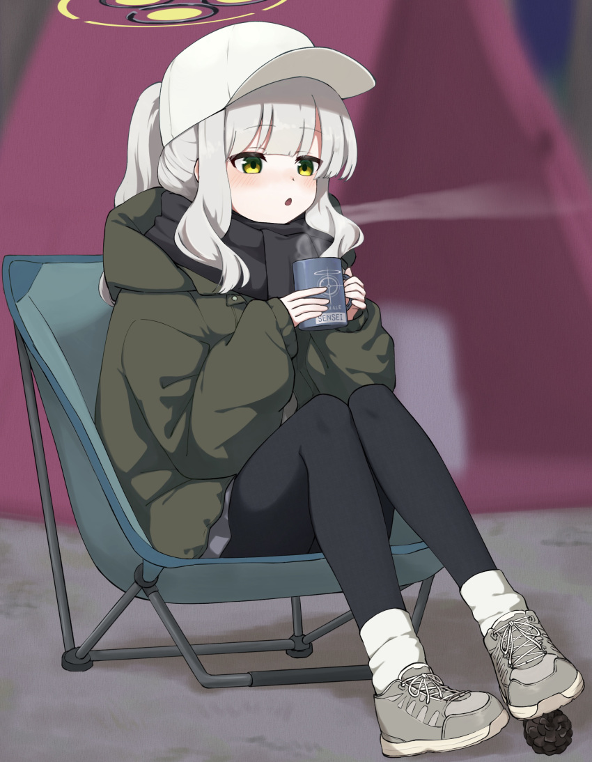 1girl, absurdres, black_pantyhose, blue_archive, cup, green_eyes, green_jacket, grey_footwear