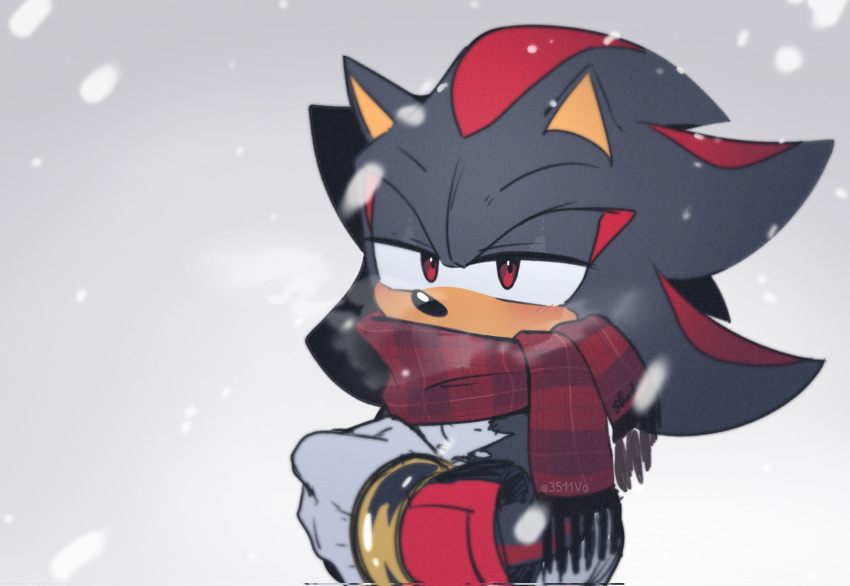 1boy, anhminh_vo, animal_ears, animal_nose, artist_name, black_fur, blush, body_fur, bracelet, covered_mouth, english_commentary, furry, furry_male, gloves, gold_bracelet, grey_background, half-closed_eyes, hedgehog, hedgehog_ears, highres, jewelry, looking_at_viewer, male_focus, plaid, plaid_scarf, red_eyes, red_fur, red_scarf, scarf, shadow_the_hedgehog, simple_background, snowing, solo, sonic_(series), standing, two-tone_fur, white_gloves