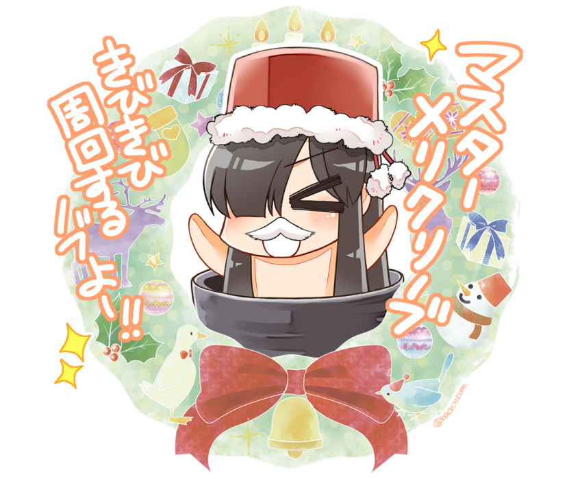 1girl, bell, bird, bow, candle, christmas_wreath, commentary_request, cup, duck, facial_hair, fate/grand_order, fate_(series), fez_hat, gift, gloves, hachinkom, jingle_bell, mini_nobu_(fate), mistletoe, mustache, nude, red_bow, reindeer, simple_background, snowman, socks, sparkle, teacup, translation_request, white_background, wreath, yellow_gloves