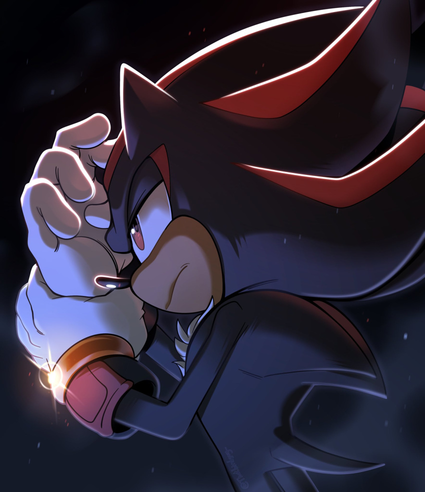 1boy, animal_ears, animal_nose, black_background, black_fur, body_fur, bracelet, closed_mouth, english_commentary, furry, furry_male, gloves, gold_bracelet, half-closed_eyes, hands_up, hedgehog, hedgehog_ears, hedgehog_tail, highres, jewelry, looking_to_the_side, male_focus, nic_kenten, red_eyes, red_fur, shadow_the_hedgehog, simple_background, solo, sonic_(series), sparkle, standing, tail, two-tone_fur, white_gloves