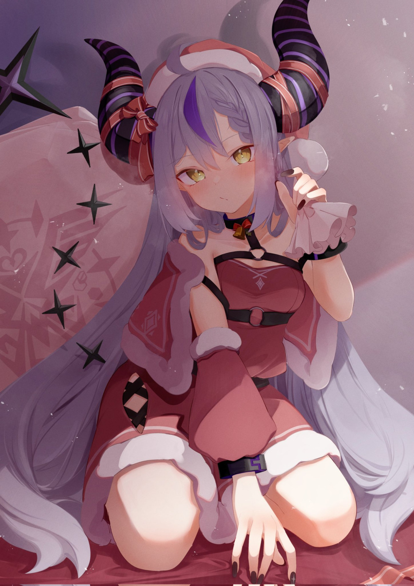 1girl, ahoge, alternate_costume, bare_shoulders, bell, black_horns, black_nails, braid
