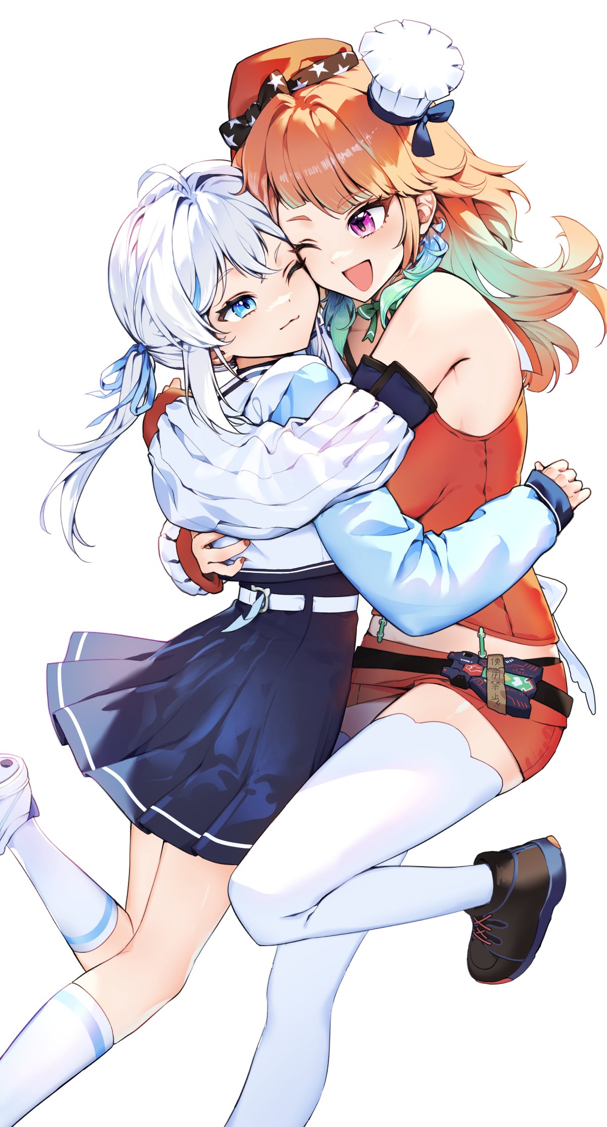 2girls, ahoge, beret, blue_eyes, choker, cika_k, detached_sleeves, earrings