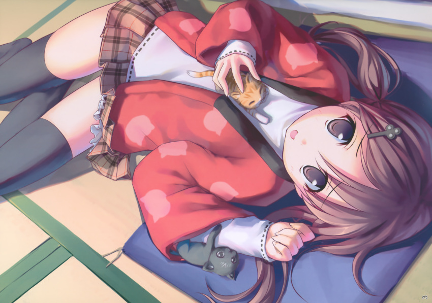 brown_hair, cat, scan, skirt, takoyaki_(artist), thigh-highs