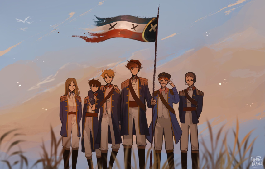 1girl, 5boys, black_footwear, blue_coat, brown_hair, coat, dream_smp, flag