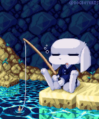 1boy, blue_shirt, caustics, closed_eyes, doukutsu_monogatari, drooling, english_commentary, fishing