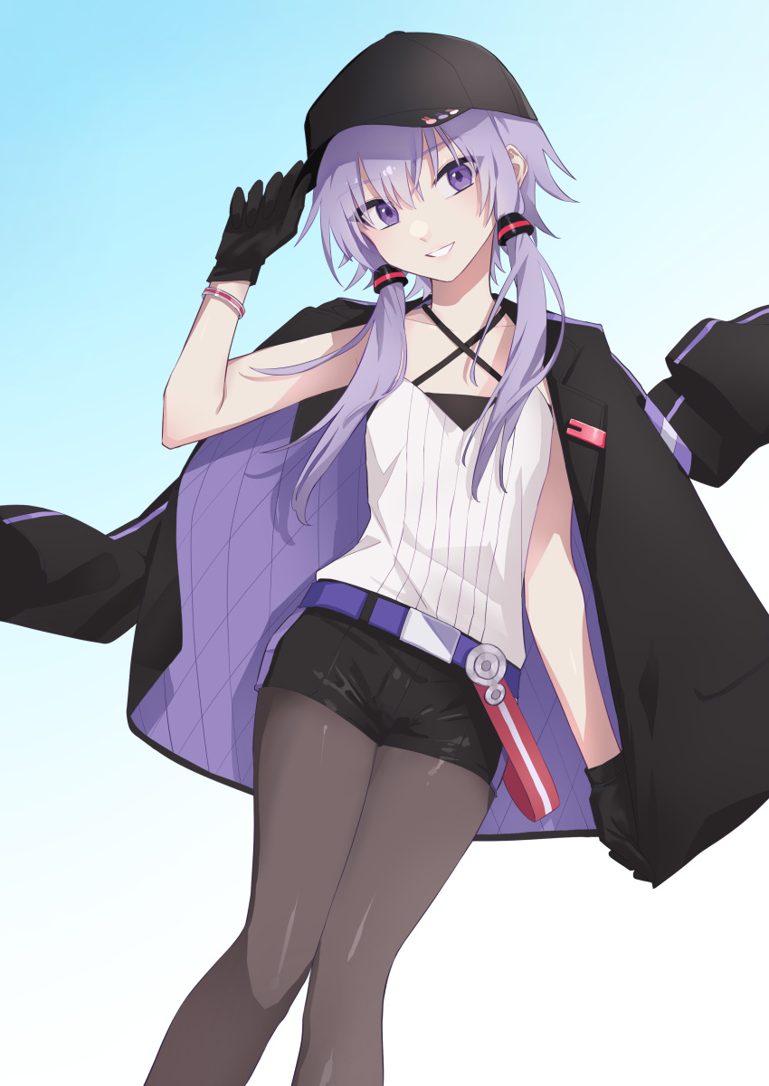 1girl, a.i._voice, absurdres, adjusting_clothes, adjusting_headwear, baseball_cap, belt, black_gloves
