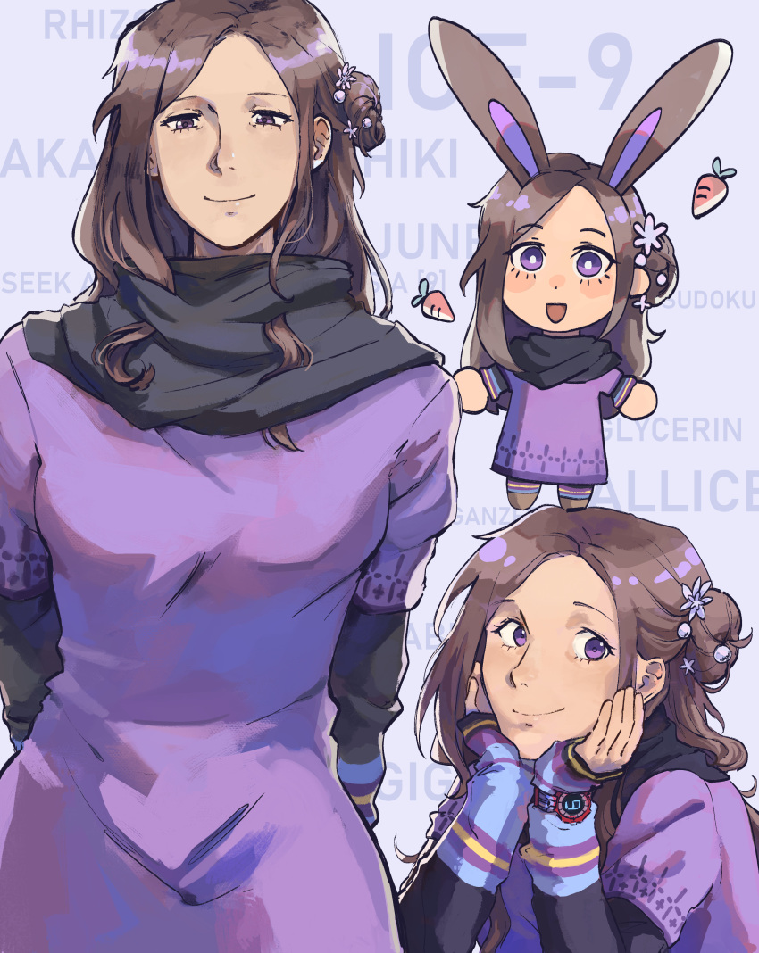 1girl, absurdres, animal_ear_headwear, animal_ears, arms_behind_back, black_scarf, dress, flower