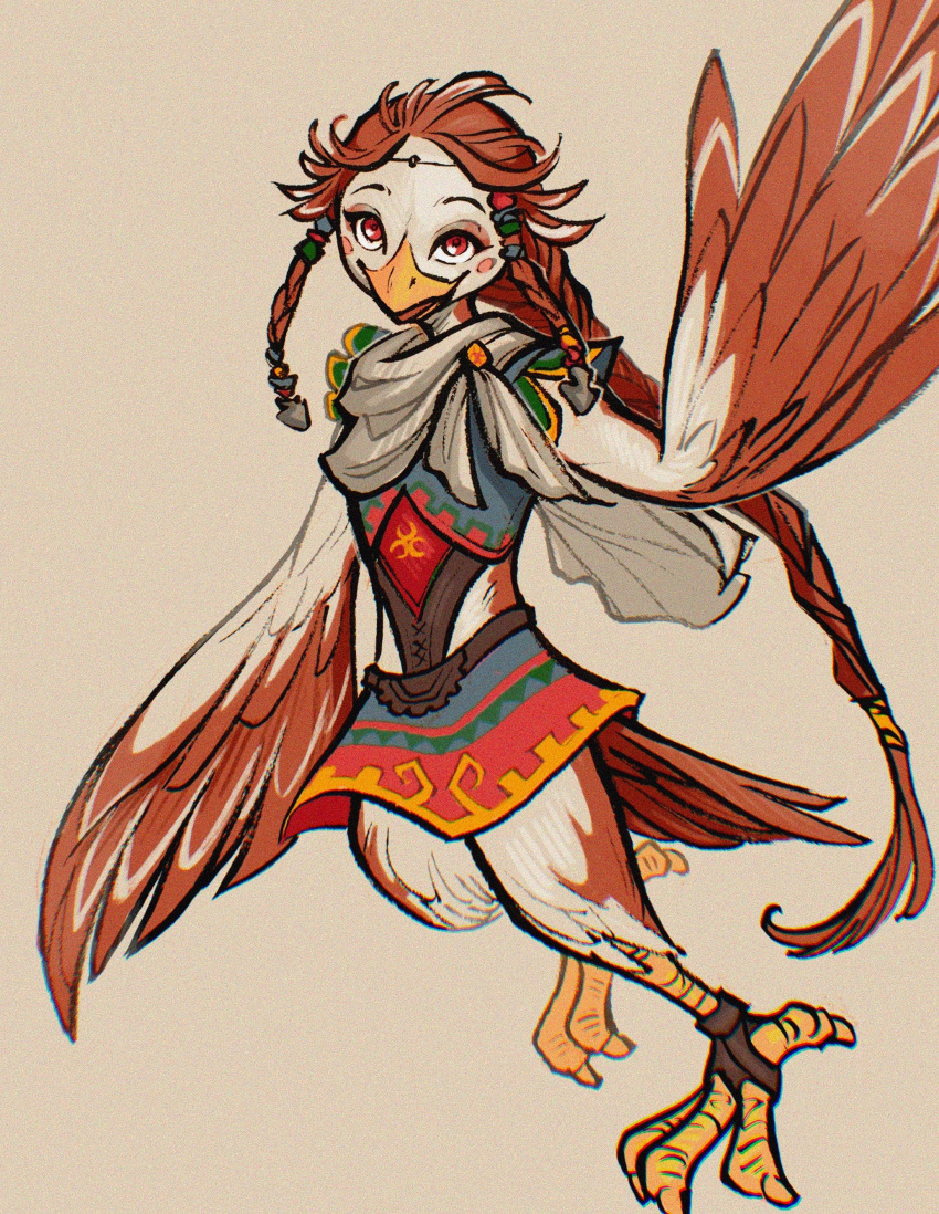 1girl, absurdres, bird_girl, braid, braided_sidelock, dress, emilye_draws, feathered_wings, full_body, highres, long_hair, looking_at_viewer, medli, monster_girl, red_eyes, redhead, rito, simple_background, solo, the_legend_of_zelda, the_legend_of_zelda:_the_wind_waker, wings