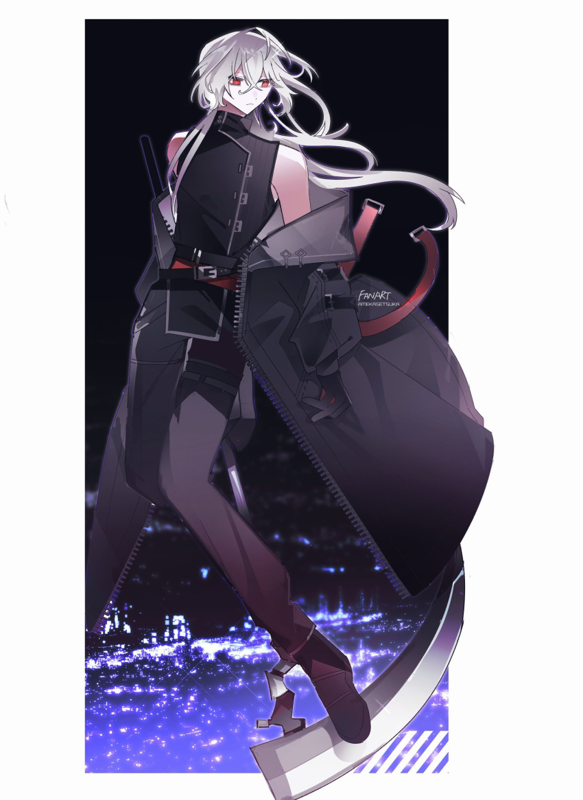 1boy, a_date_with_death, bare_shoulders, belt, black_gloves, casper_(a_date_with_death), coat, full_body, gloves, highres, jacket, long_hair, male_focus, moonplls, night, night_sky, outdoors, pants, red_eyes, scythe, sky, sleeveless, solo, white_hair