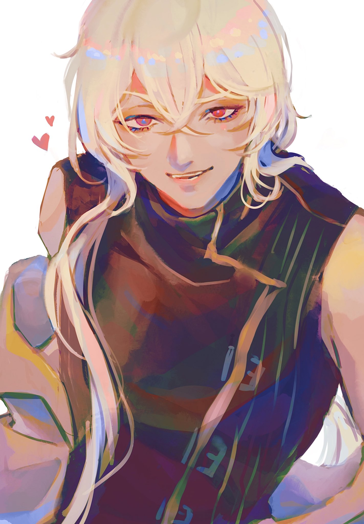 1boy, a_date_with_death, bishounen, black_coat, casper_(a_date_with_death), coat, eorxzt, heart, highres, jacket, long_hair, male_focus, red_eyes, simple_background, sleeveless, smile, solo, upper_body, white_background, white_hair