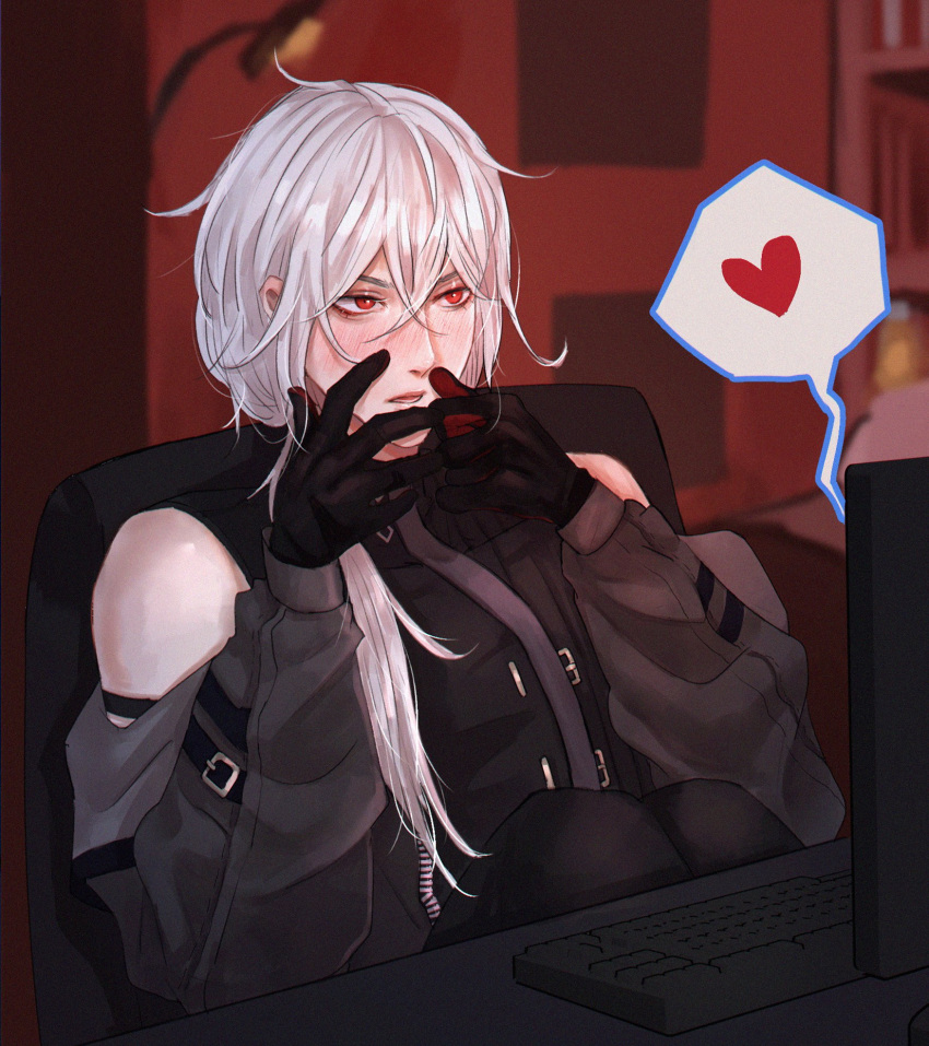 1boy, a_date_with_death, bare_shoulders, black_gloves, casper_(a_date_with_death), chair, computer, gloves