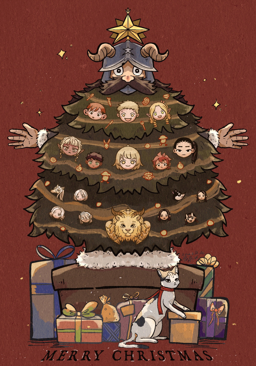 1boy, beard, black_hair, bowl, box, calico, carrot, cat