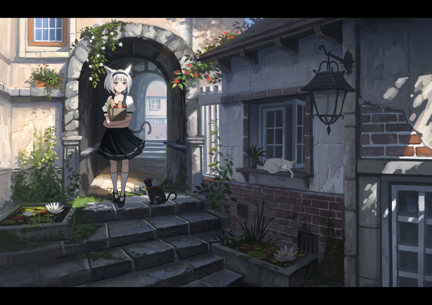 1girl, absurdres, animal, animal_ears, bag, baguette, black_dress, black_hairband
