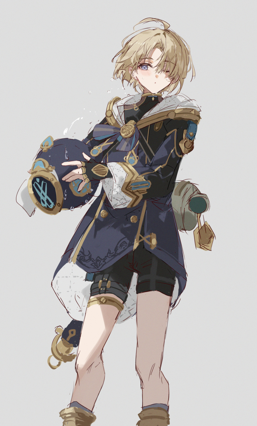 1boy, absurdres, ahoge, black_gloves, black_shirt, black_shorts, blonde_hair, blue_eyes