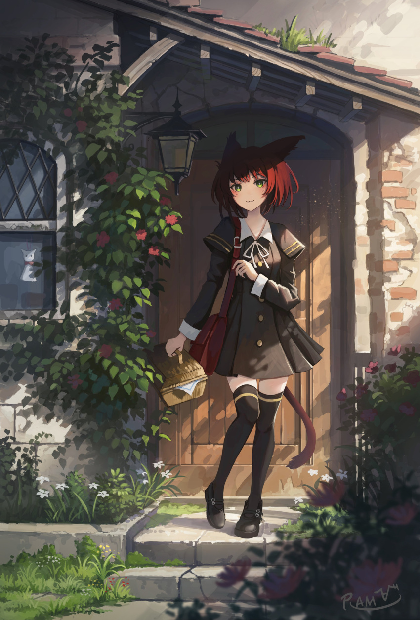 1girl, absurdres, animal_ears, bag, black_dress, black_footwear, black_thighhighs, cat_ears