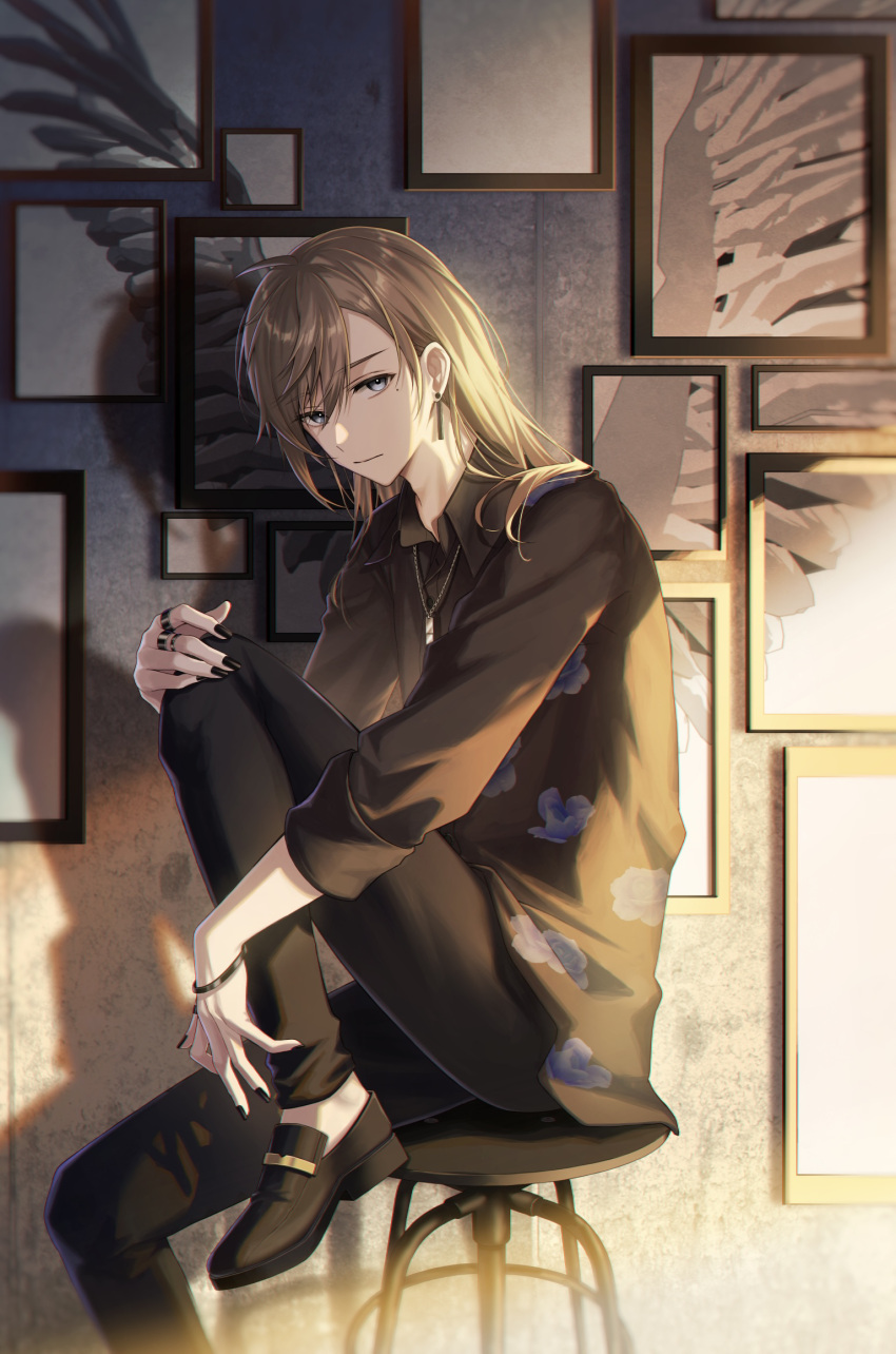 1boy, alternate_hairstyle, black_footwear, black_nails, black_pants, blue_eyes, bracelet, brown_hair
