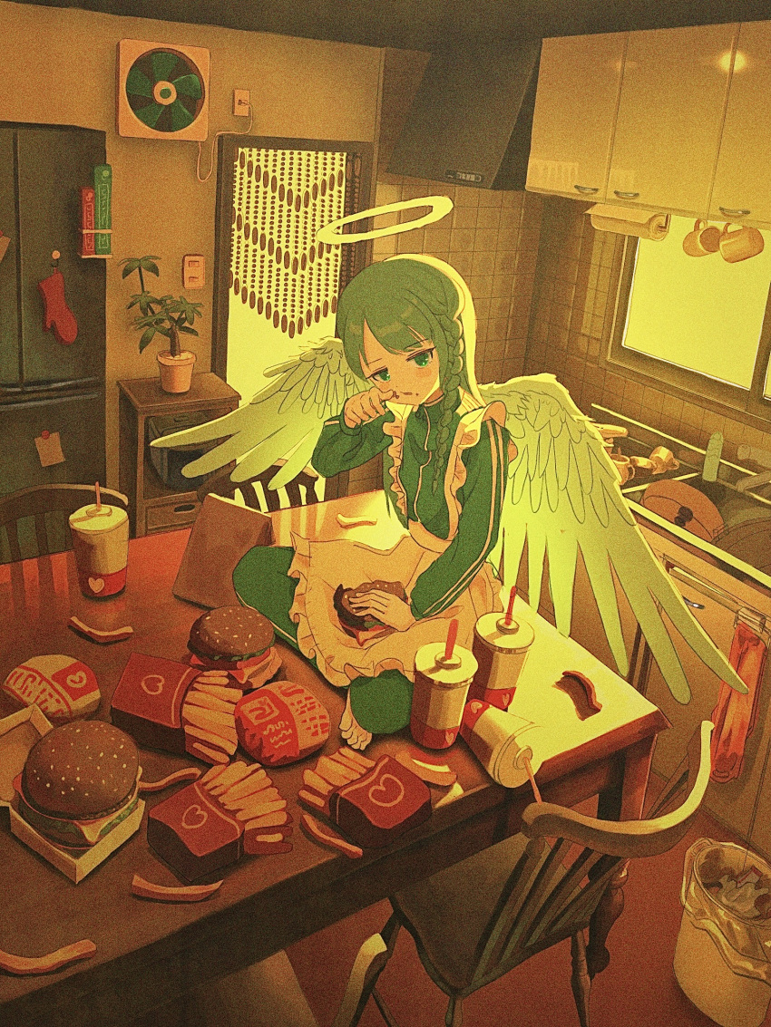 1girl, absurdres, angel, angel_wings, apron, barefoot, bead_curtain, braid