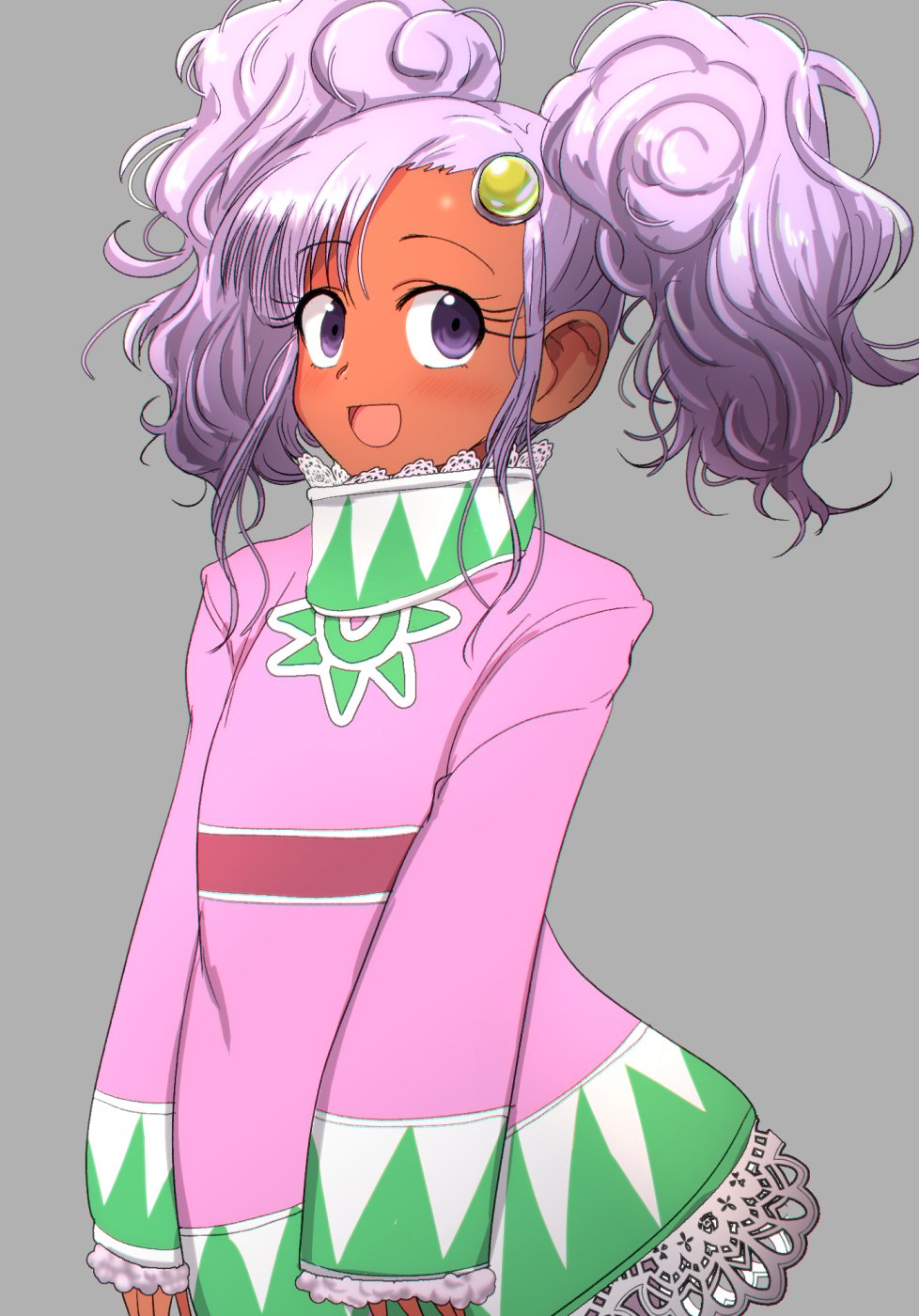 1girl, :d, dark-skinned_female, dark_skin, eyelashes, fur-trimmed_sleeves, fur_trim, grey_background, hair_ornament, highres, hiramine_akira, lace_trim, long_sleeves, meredy_(tales), open_mouth, purple_hair, short_hair, simple_background, sleeves_past_wrists, smile, solo, tales_of_(series), tales_of_eternia, twintails, violet_eyes