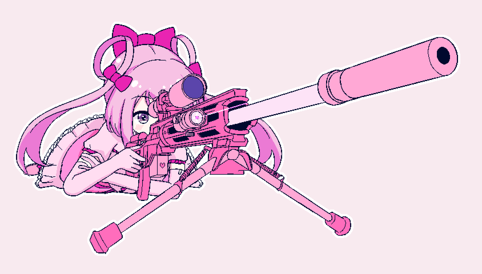1girl, aiming, bipod, blush, bolt_action, bow, chibikki, dress