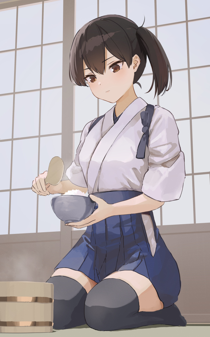 1girl, black_hair, black_thighhighs, blue_hakama, bowl, brown_eyes, hakama, hakama_skirt