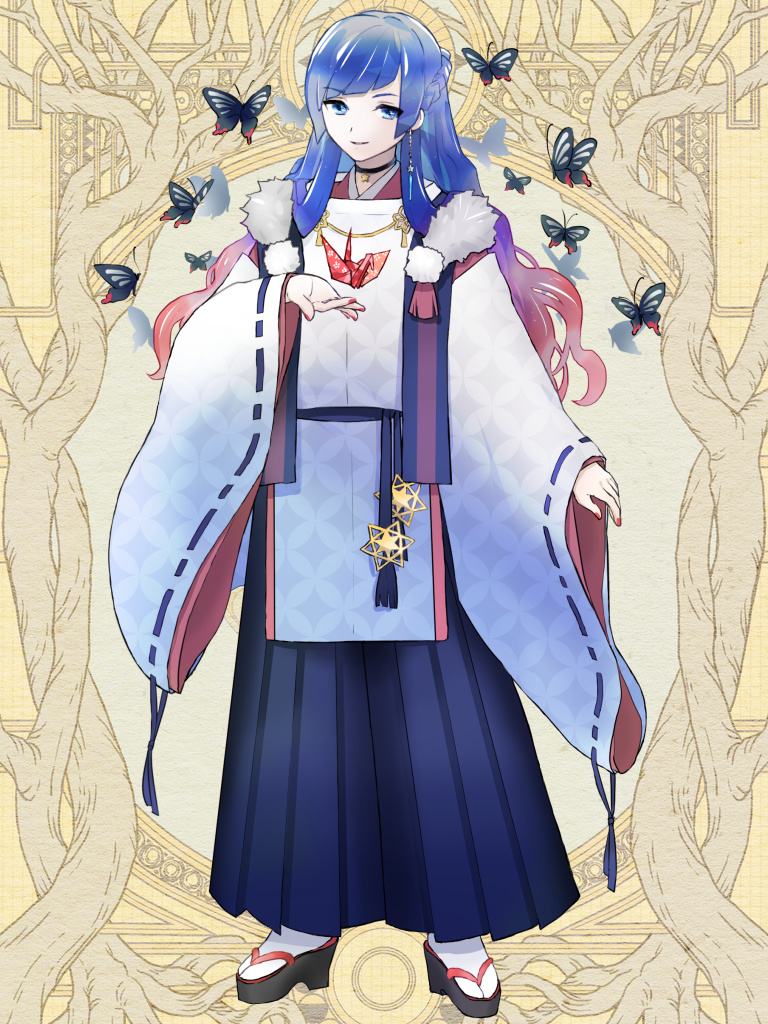 1girl, alba_alfurira, black_butterfly, black_choker, black_hakama, blue_hair, bug, butterfly