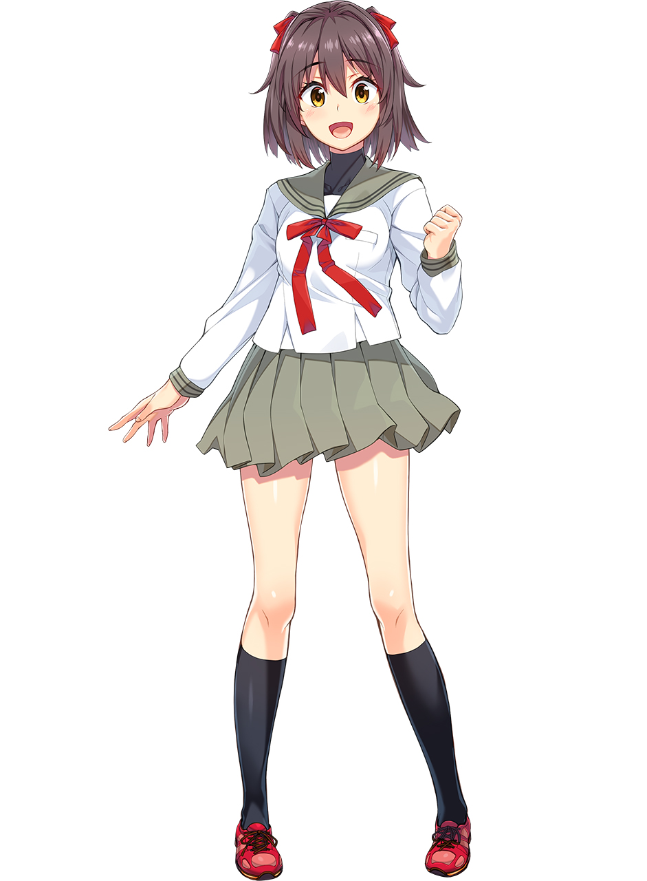 1girl, clenched_hand, escalation_heroines, gin_(ginshari), green_skirt, hair_ribbon, highres, kneehighs
