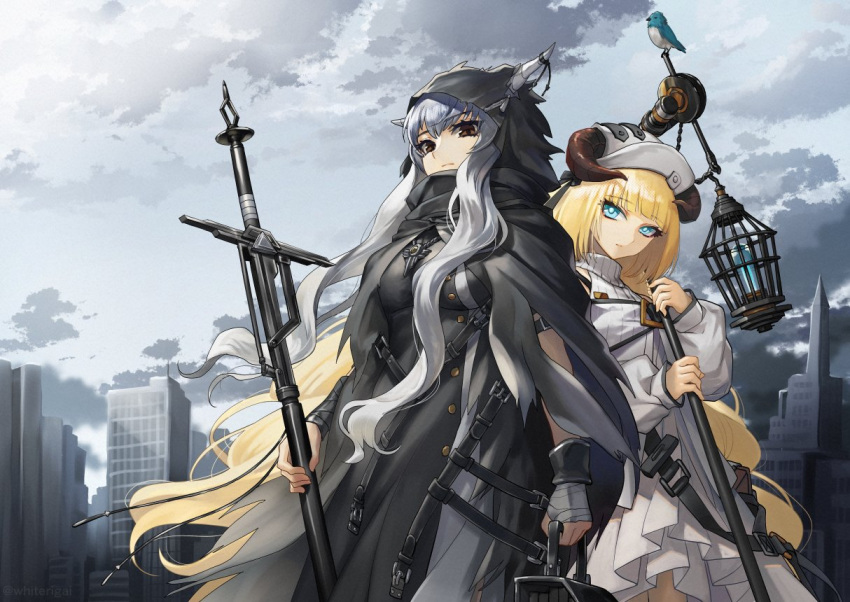 2girls, arknights, black_cloak, blonde_hair, cityscape, cloak, clouds, cloudy_sky