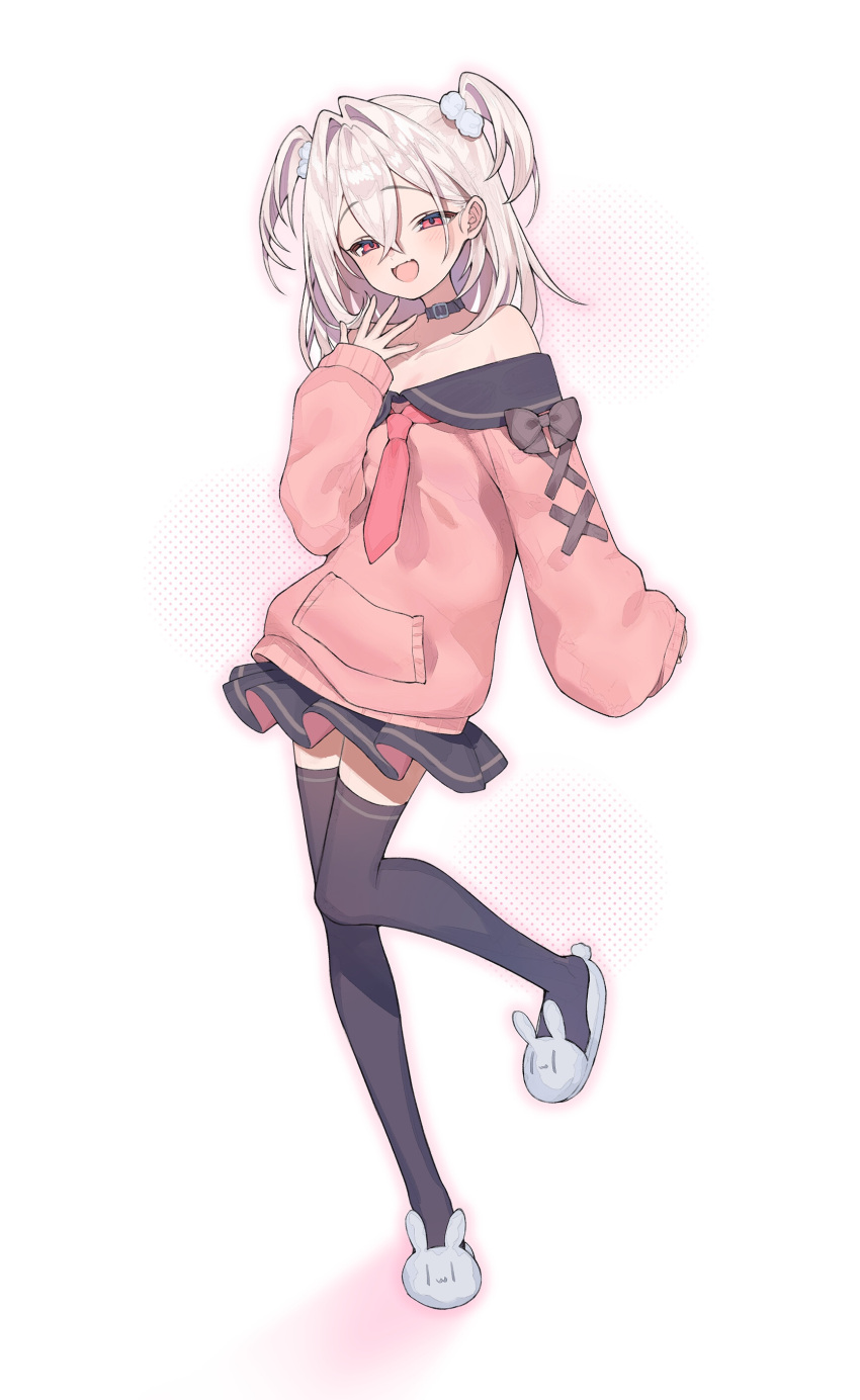 1girl, absurdres, bare_shoulders, black_thighhighs, choker, full_body, hair_between_eyes, hair_ornament, highres, looking_at_viewer, medium_hair, mesugaki, miniskirt, mofudoggu, necktie, off-shoulder_sweater, off_shoulder, open_mouth, original, pink_sweater, red_eyes, skirt, sleeves_past_wrists, slippers, smile, smug, solo, sweater, thigh-highs, two_side_up, white_hair, zettai_ryouiki