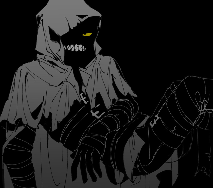 1girl, arm_strap, belt, colored_sclera, gloves, greyscale, highres, hood