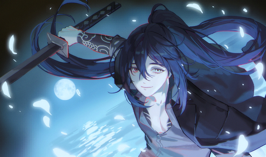 1boy, aqua_eyes, black_eyes, black_hair, black_jacket, closed_mouth, grey_shirt, heterochromia