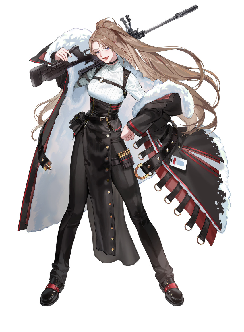 1girl, black_coat, black_footwear, black_pants, black_skirt, brown_hair, chest_harness, coat, full_body, fur-trimmed_coat, fur_trim, gun, harness, high_ponytail, highres, limbus_company, long_hair, off_shoulder, open_mouth, pants, project_moon, rifle, rodion_(project_moon), shoes, simple_background, skirt, smile, sniper_rifle, solo, sweater, very_long_hair, weapon, white_background, white_sweater, yongsil