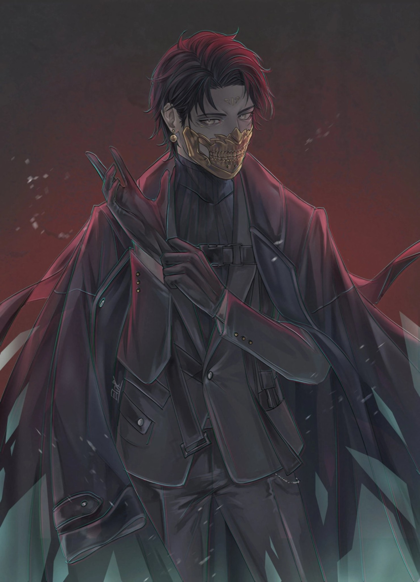 1boy, adjusting_clothes, adjusting_gloves, black_gloves, black_hair, black_jacket, black_pants, black_shirt, black_sweater, earrings, elizkras, forehead_tattoo, gloves, gold_earrings, highres, jacket, jewelry, mask, mouth_mask, pants, pearl_earrings, punishing:_gray_raven, shirt, short_hair, skull_mask, solo, sweater, vonnegut_(punishing:_gray_raven), yellow_eyes