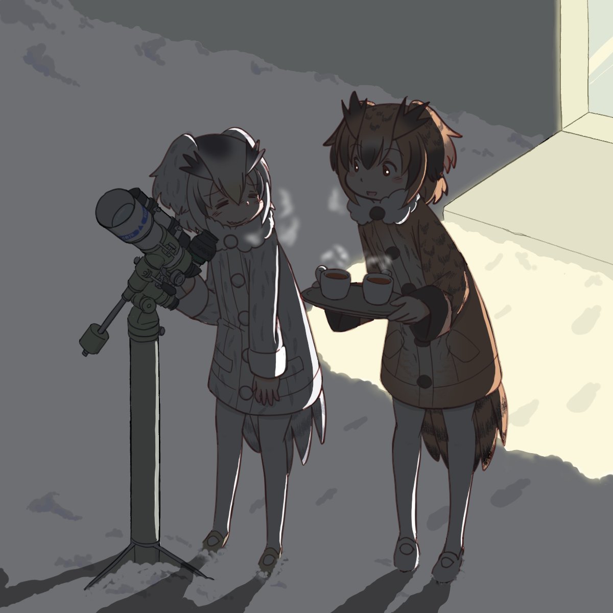 2girls, blonde_hair, blush, breath, brown_coat, brown_hair, coat, cup