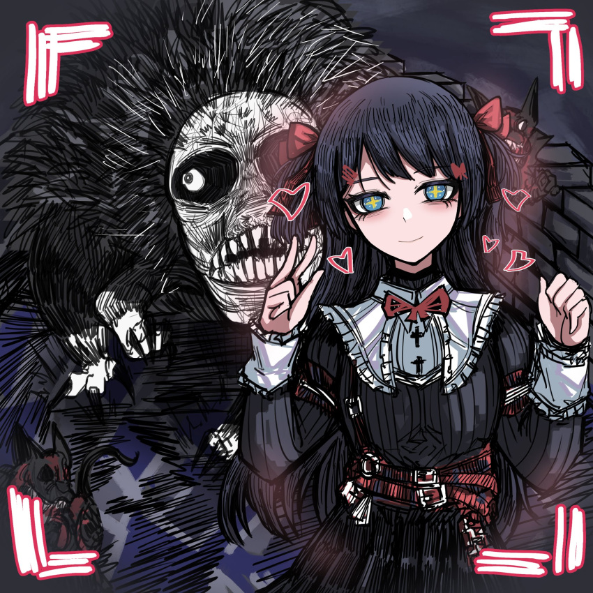 1:1_aspect_ratio, 1girl, alternate_costume, bangs, belt, belt_buckle, black_dress, black_eyelashes, black_fur, black_souls, blue_eyebrows, blue_hair, bow, closed_mouth, clothing, colored, cunshaxiaomi1, dress, eyebrows, eyebrows_visible_through_hair, facing_viewer, female, fur, hair_bow, hair_ornament, headwear, heart, highres, looking_at_viewer, mabel_(black_souls), monster, multiple_belts, open_eyes, photo, red_bow, red_hair_bow, red_heart, red_ribbon, ribbon, smile, star, star-shaped_pupils, star_(symbol), symbol-shaped_pupils, teeth, upper_body, v
