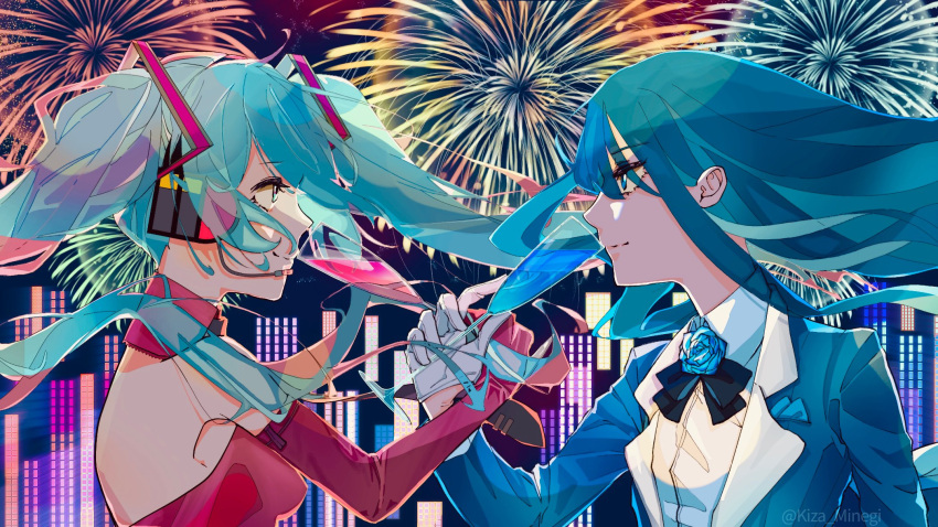 ado_(utaite), aerial_fireworks, aqua_eyes, aqua_hair, black_bow, black_bowtie, blue_eyes, blue_flower